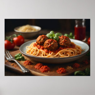 Plate of spaghetti and meatballs poster