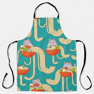 Plates of noodles and funny cats. Noodles with spi Apron