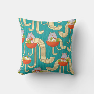 Plates of noodles and funny cats. Noodles with spi Cushion