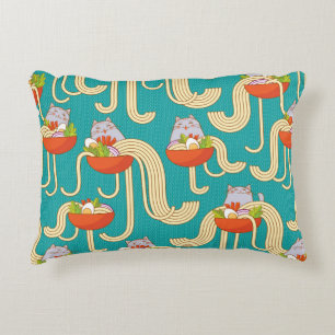 Plates of noodles and funny cats. Noodles with spi Decorative Cushion