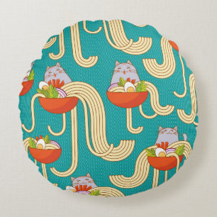 Plates of noodles and funny cats. Noodles with spi Round Cushion