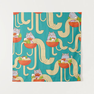 Plates of noodles and funny cats. Noodles with spi Tapestry