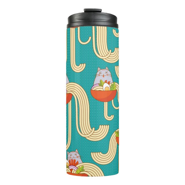 Plates of noodles and funny cats. Noodles with spi Thermal Tumbler (Front)