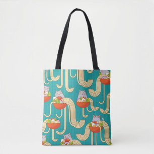 Plates of noodles and funny cats. Noodles with spi Tote Bag