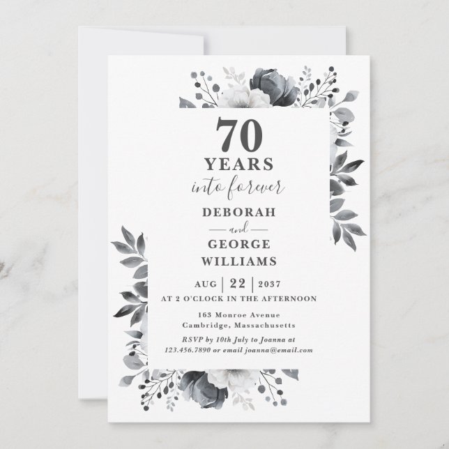 Platinum 70th Wedding Anniversary Floral Monogram Invitation (Front)