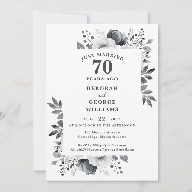 Platinum 70th Wedding Anniversary Monogram Floral  Invitation (Front)