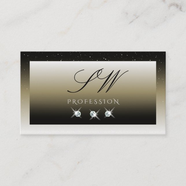 Platinum Beige Gradient Sparkle Diamonds Initials Business Card (Front)