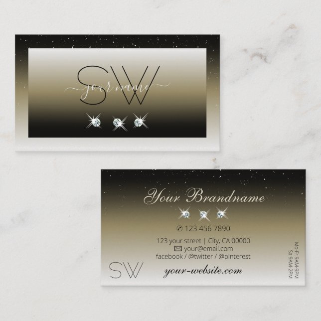 Platinum Beige Gradient Sparkle Diamonds Monogram Business Card (Front/Back)