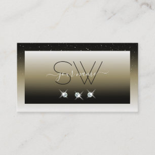 Platinum Beige Gradient Sparkle Diamonds Monogram Business Card