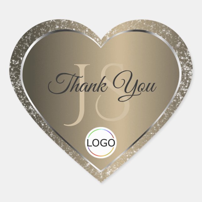 Platinum Beige Logo and Initials Glitter Thank You Heart Sticker (Front)