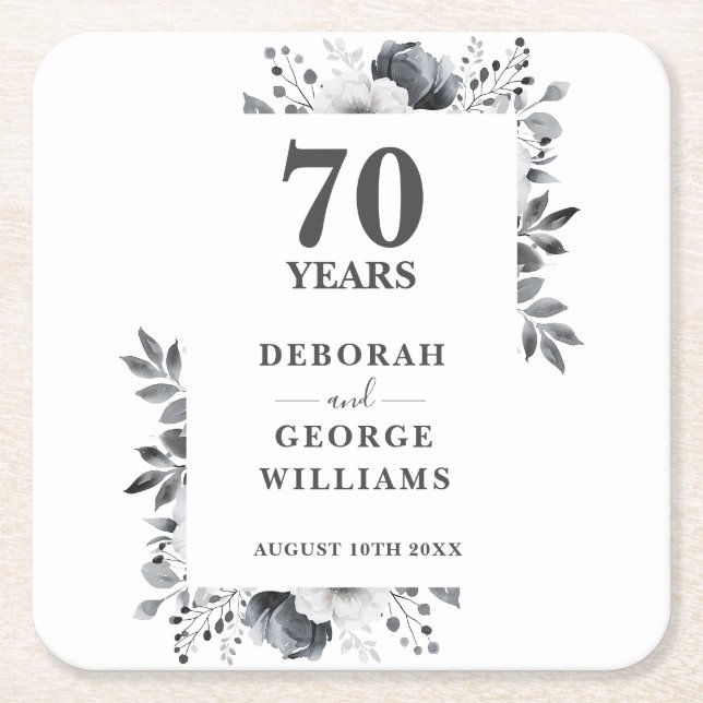 Platinum Elegant Floral 70th Wedding Anniversary  Square Paper Coaster (Front)