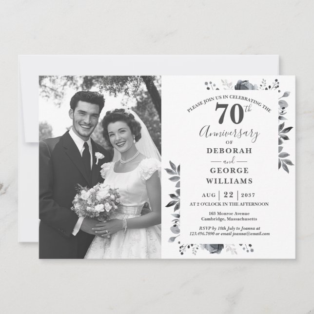 Platinum Floral 70th Wedding Anniversary Photo Invitation (Front)