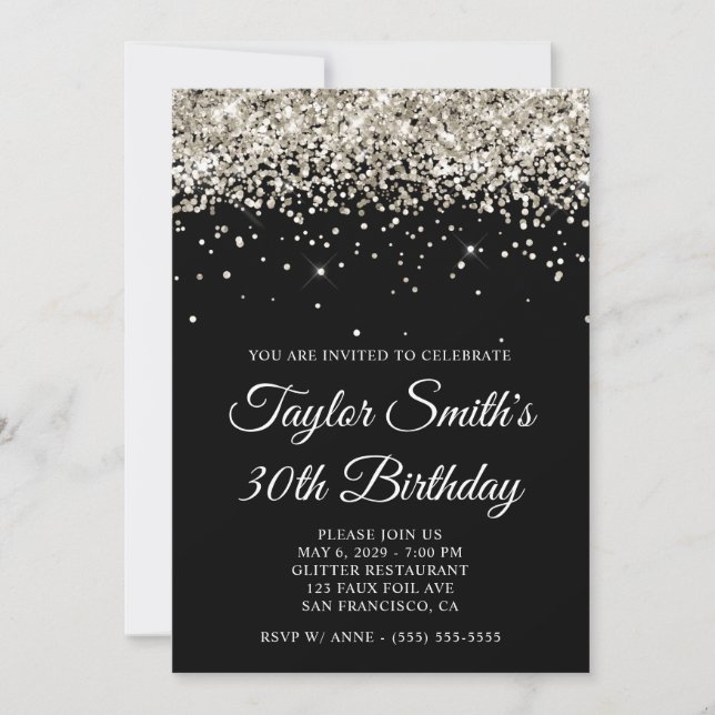 Platinum Glitter Black 30th Birthday Invitation (Front)