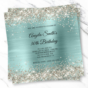 Platinum Glitter Pale Turquoise Foil Monogram Invitation