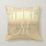 Platinum Gold Glitter Drips Monogram Newlyweds Cushion<br><div class="desc">An elegant personalised monogrammed newlyweds keepsake wedding throw pillow to gift to the bride and groom. Customise with their last name.</div>