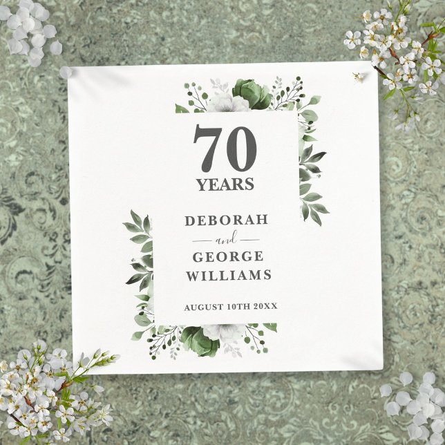Platinum Greenery Floral 70th Wedding Anniversary  Napkin (Platinum Greenery Floral 70th Wedding Anniversary Napkins)