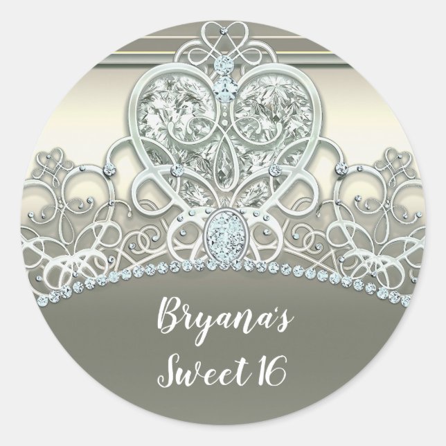 Platinum Ivory Princess Heart Tiara Birthday Party Classic Round Sticker (Front)