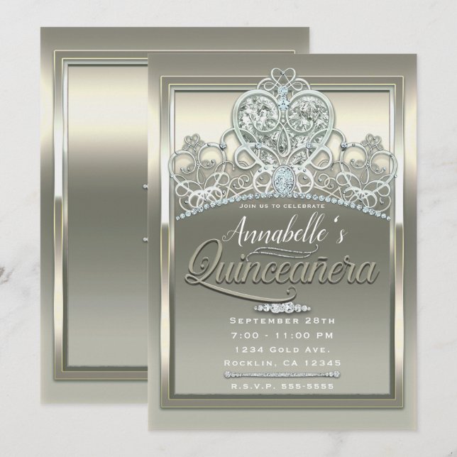 Platinum Ivory Princess Heart Tiara Quinceañera Invitation (Front/Back)