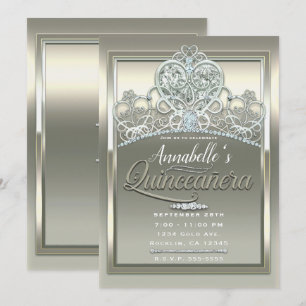 Platinum Ivory Princess Heart Tiara Quinceañera Invitation