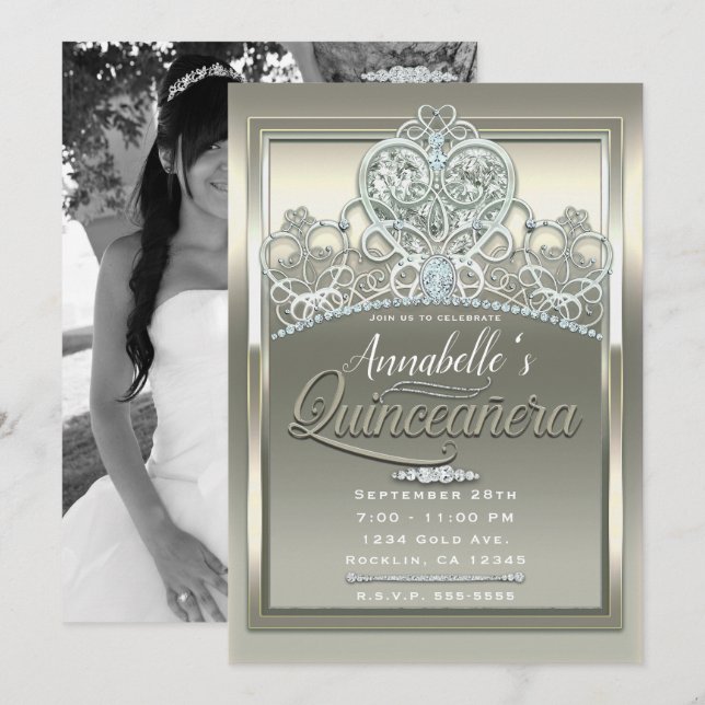 Platinum Ivory Princess Heart Tiara Quinceañera Invitation (Front/Back)
