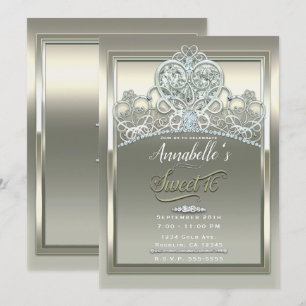 Platinum Ivory Princess Heart Tiara Sweet 16 Party Invitation