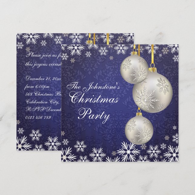 Platinum Silver Christmas Balls Blue Invitation (Front/Back)
