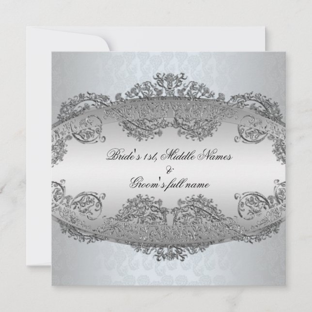 Platinum Silver Damask frame Wedding Invitations (Front)