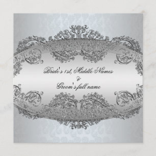 Platinum Silver Damask frame Wedding Invitations