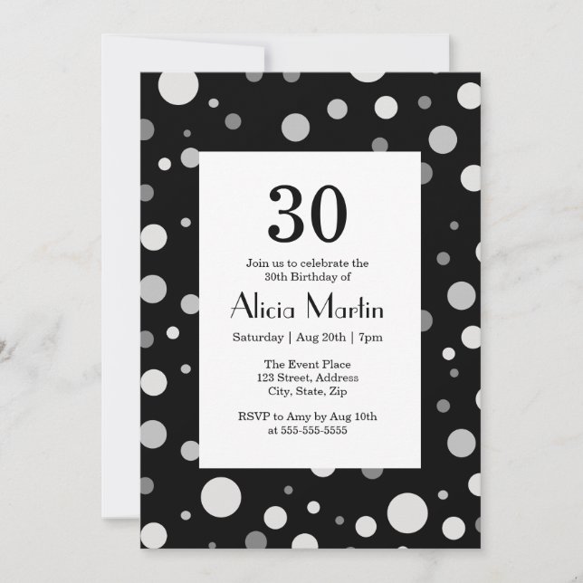 Platinum Silver Grey Polka Dot Black 30 Birthday Invitation (Front)