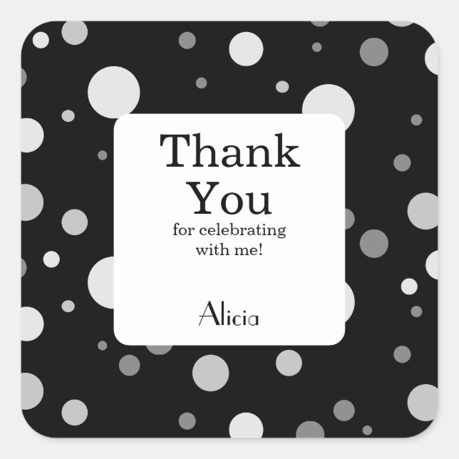 Platinum Silver Grey Polka Dot Black Thank You Square Sticker (Front)
