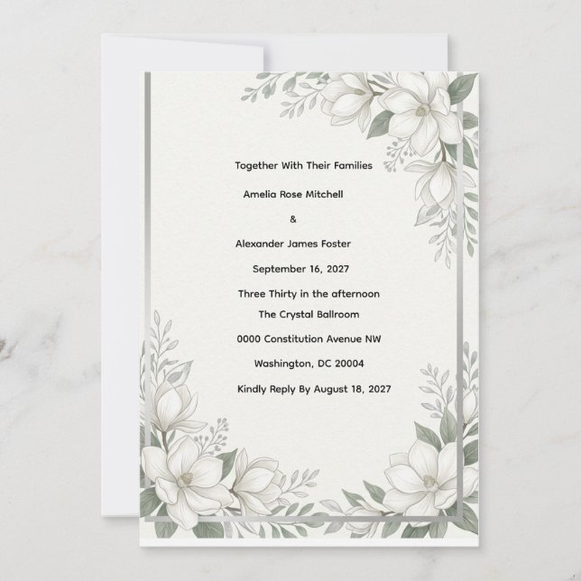 Platinum Silver & White Magnolia Invitation (Front)