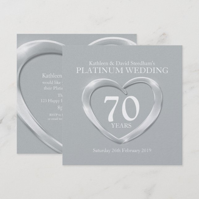 Platinum wedding heart 70 years anniversary invite (Front/Back)
