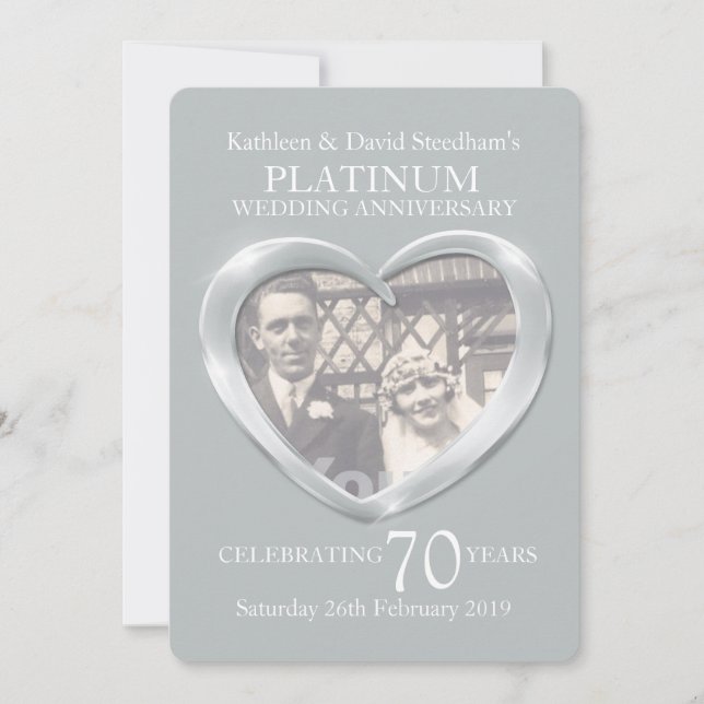 Platinum wedding heart photo 70 years party invite (Front)