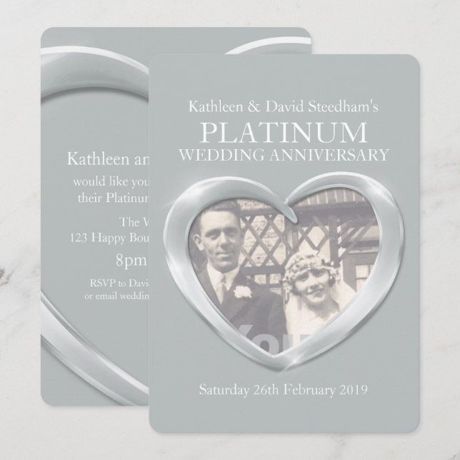 Platinum wedding heart photo anniversary invite (Front/Back)