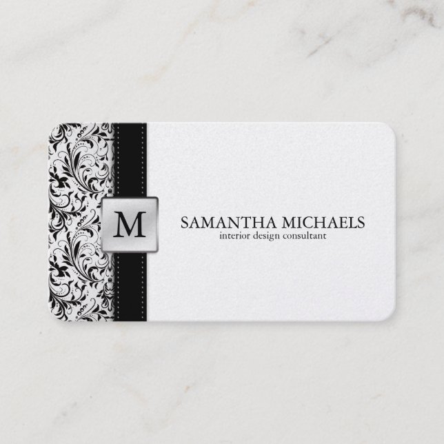 Platnium Damask Monogram Interior Design Business Card (Front)