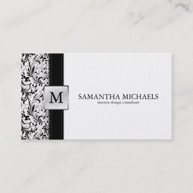 Platnium Damask Monogram Interior Design Business Card (Front)