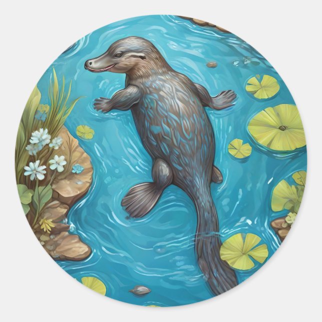 Platypus in the river. classic round sticker (Front)