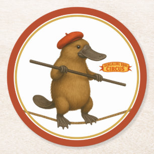 Platypus on a tightrope round paper coaster