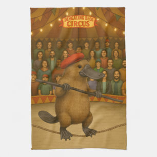 Platypus on a tightrope tea towel