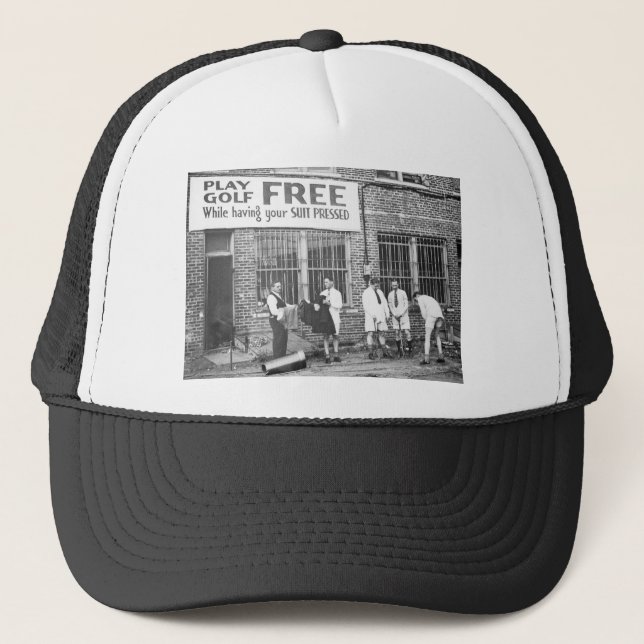 Play Golf Free (While Having Your Suit Pressed) Trucker Hat (Front)
