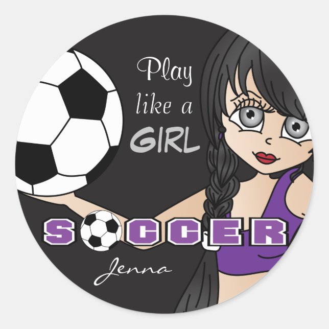 Play Like A Girl | Soccer | Purple and Black Classic Round Sticker (Front)