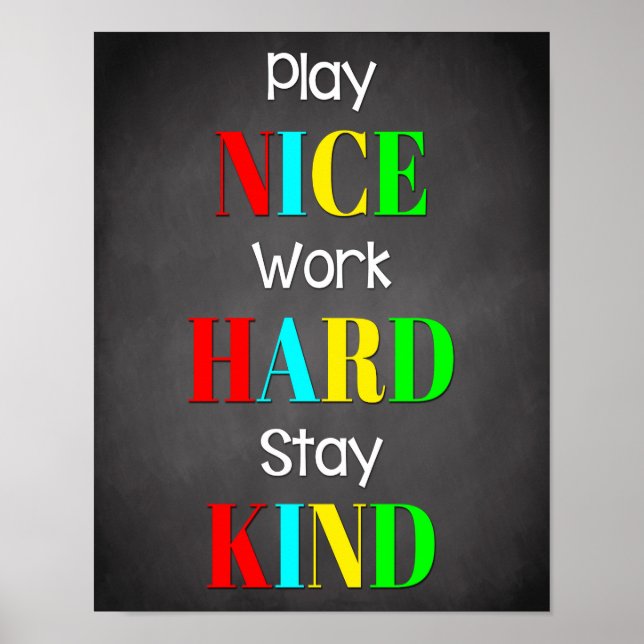 Play Nice Work Hard Inspirational Classroom Poster (Front)