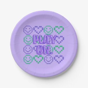 Play On & Gaming Style Pixelated Elements Paper Plate