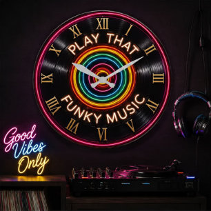 Play That Funky Music Neon Vinyl Record Decor Large Clock