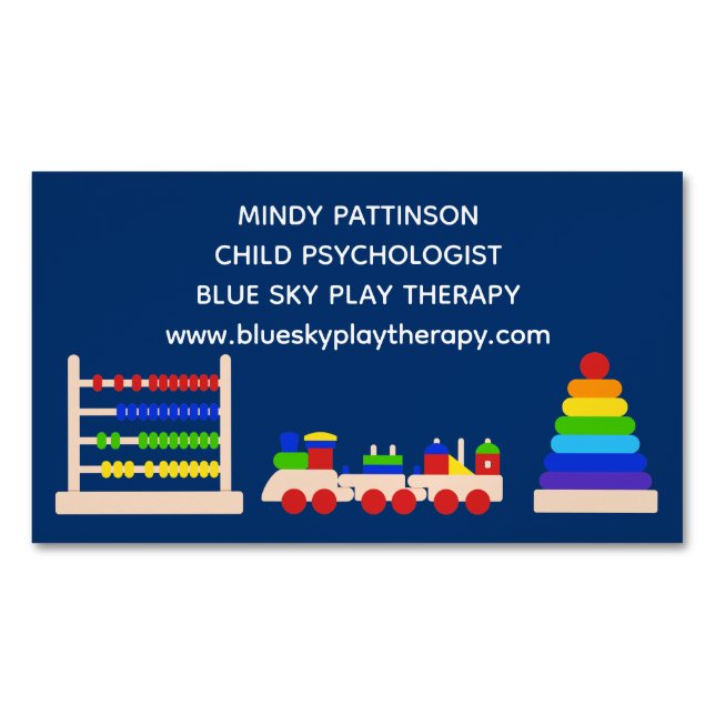 Play Therapy Child Psychologist Toys Train Blue Magnetic Business Card (Front)