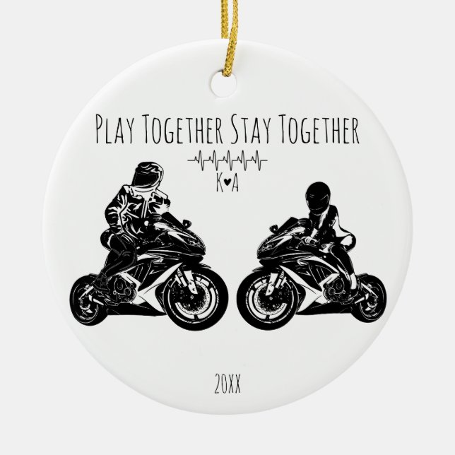 Play Together...Personalised Motorcycle Ceramic Tree Decoration (Front)