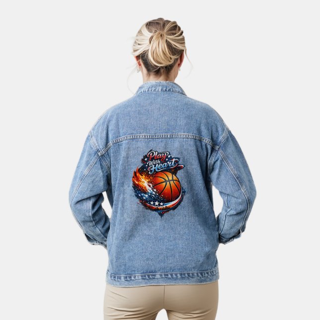 Play With Heart Basketball Motivational Women’s De Denim Jacket (Model)