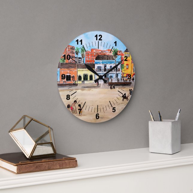 Playa de la Malvarrosa Painting by Alfred Fox Large Clock (Office)