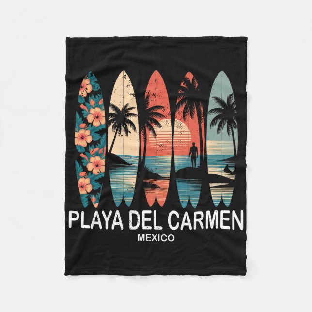 Playa Del Carmen Mexico Surfboard Surfing Retro _1 Fleece Blanket (Front)