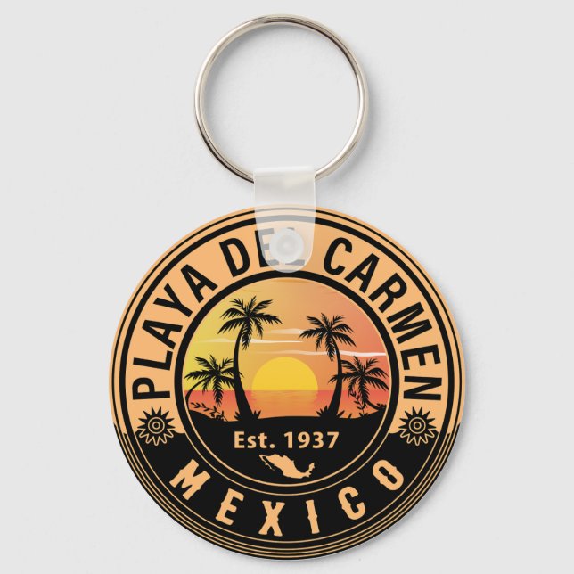 Playa del Carmen Palm Tree Retro 80s Mexican Playa Key Ring (Front)